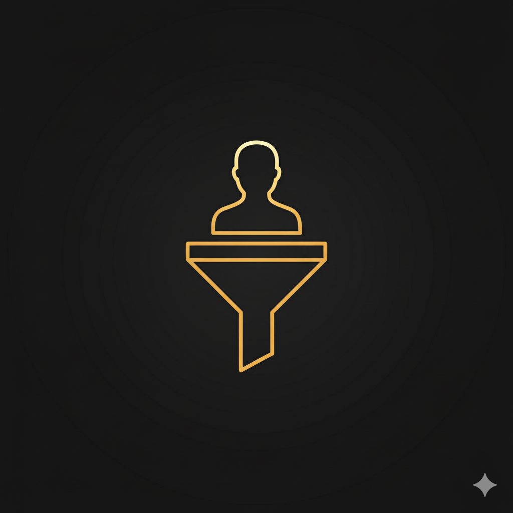 Shiny black and gold funnel icon with CRM dashboards, symbolizing AI client acquisition and lead generation automation.