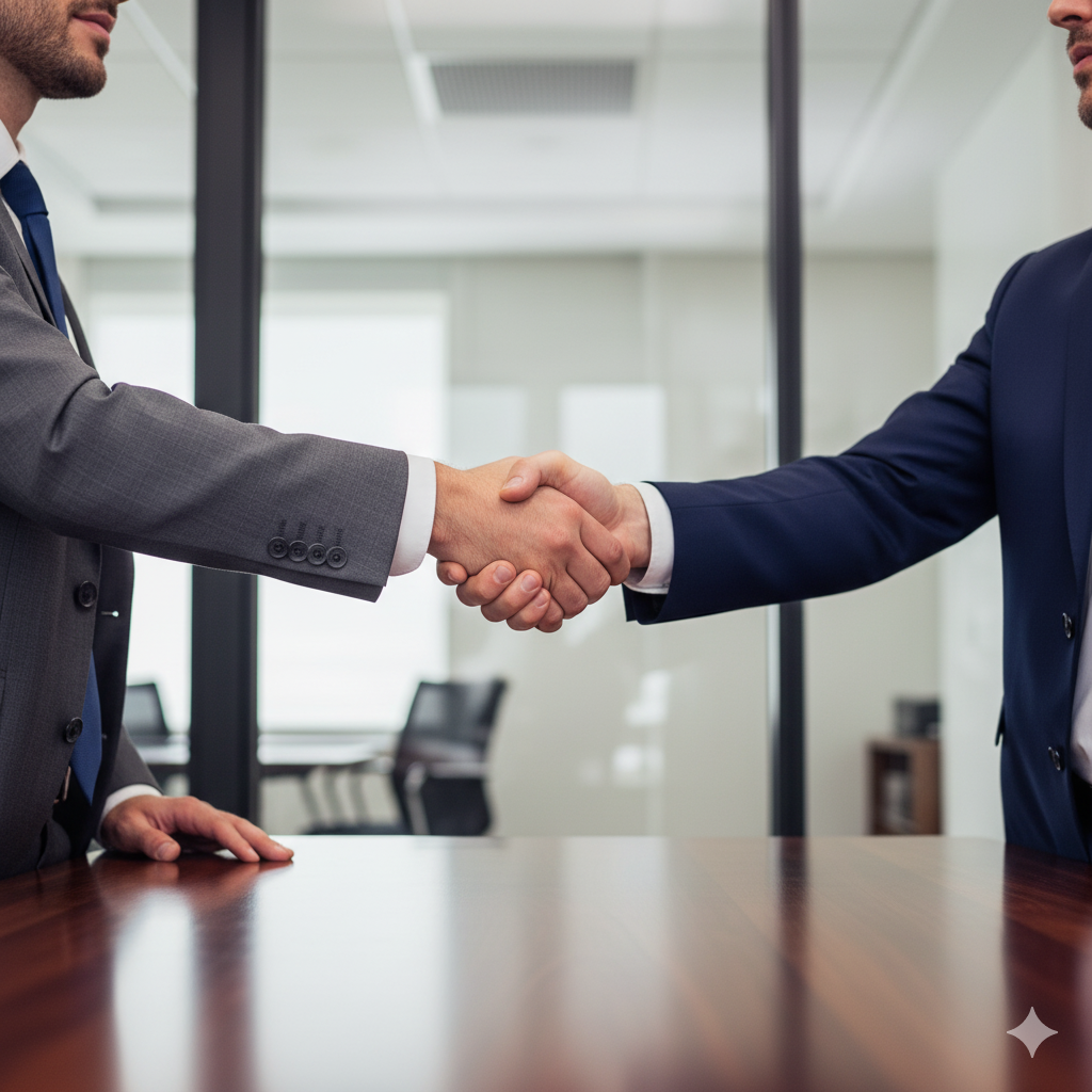 Two business executives shaking hands in a modern boardroom, symbolizing trust, innovation, and Crownwell Advisory’s leadership in business automation.