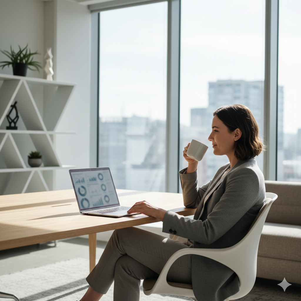 Business professional sitting in a modern office, sipping coffee while working on a laptop, symbolizing stress-free automation.