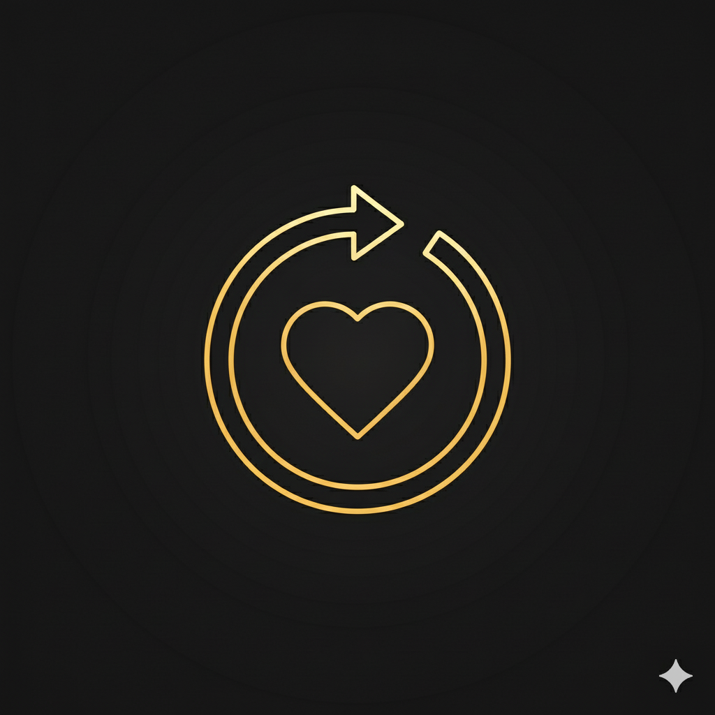 Shiny black and gold heart with circular arrow icon symbolizing AI customer retention, loyalty, and engagement automation.